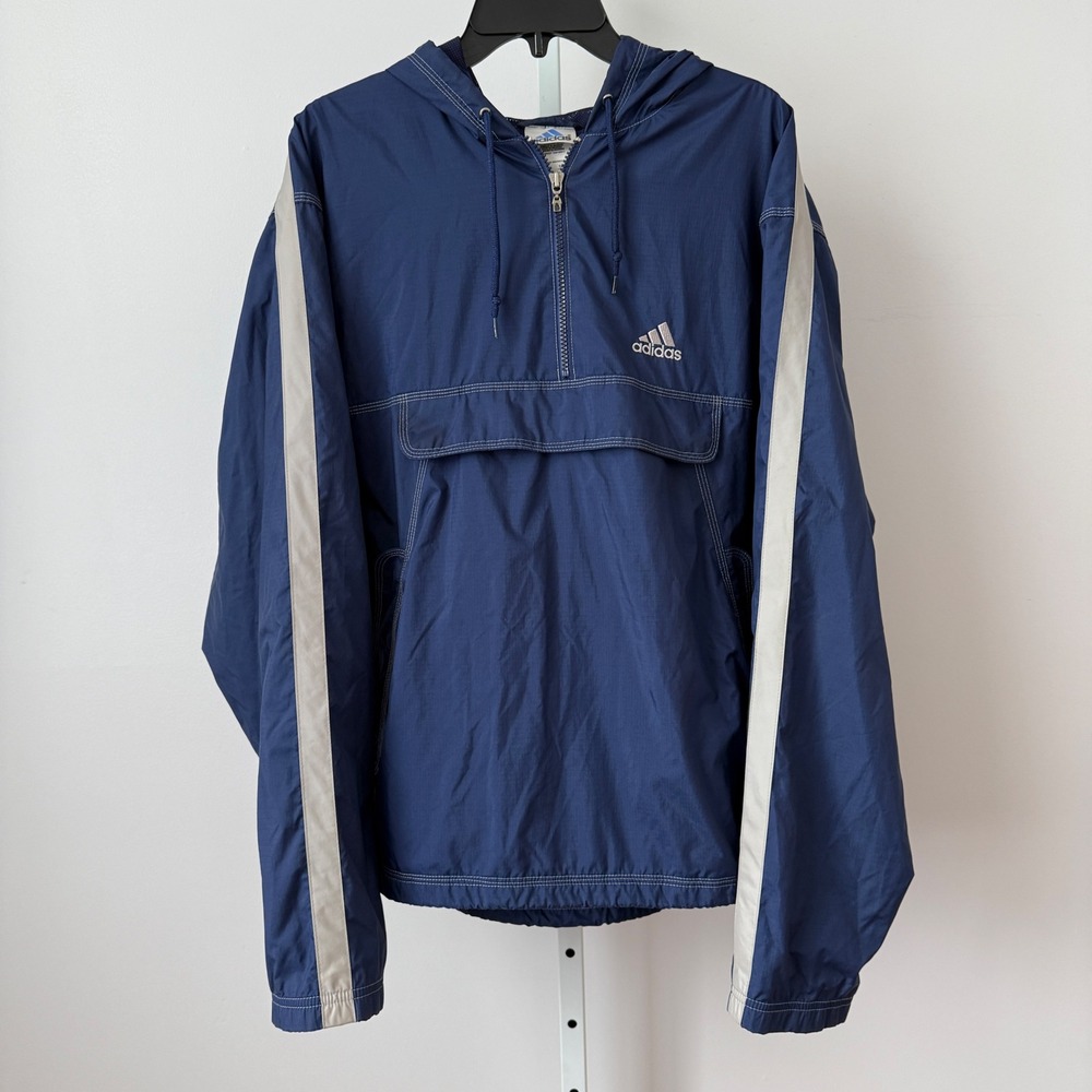 Adidas‎ Mens Windbreaker Jacket Blue White Stripes Hooded Anorak Size M